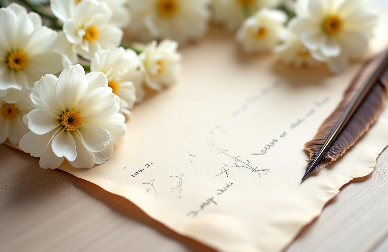 Composición artística con flores de peonía y una pluma de caligrafía sobre papel artesanal.