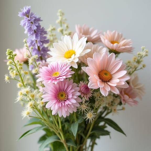 Ramo de flores silvestres en tonos pastel.